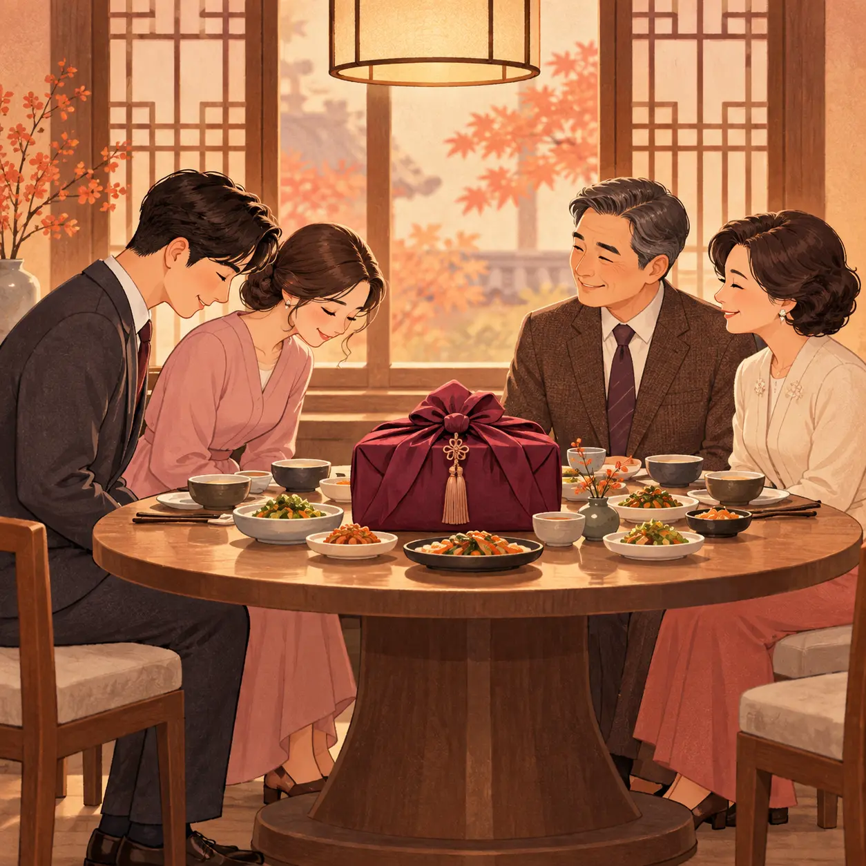 상견례 자리에서 예비부부가 양가 어른께 인사하고 선물을 놓은 만화 일러스트
