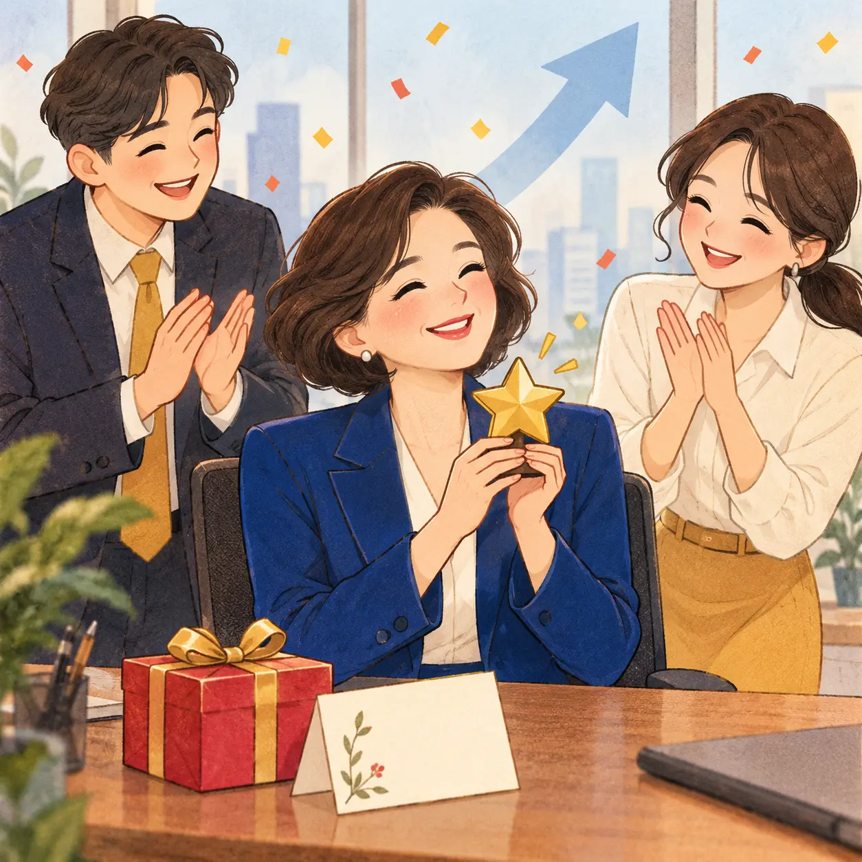 동료들의 축하 속에 승진한 임원이 트로피를 들고 있는 만화 일러스트